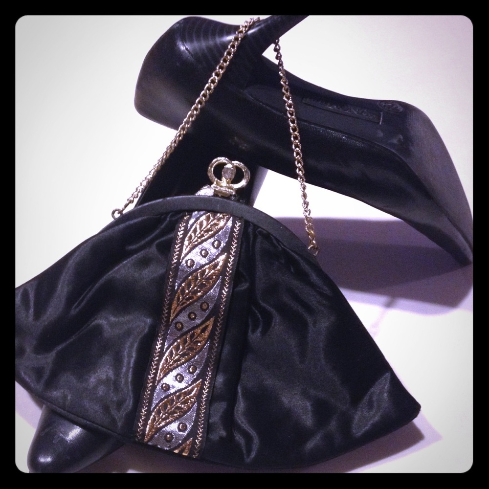 1950's Clutch Bag Blk/Silver/Gold w/clasp &‎ chain